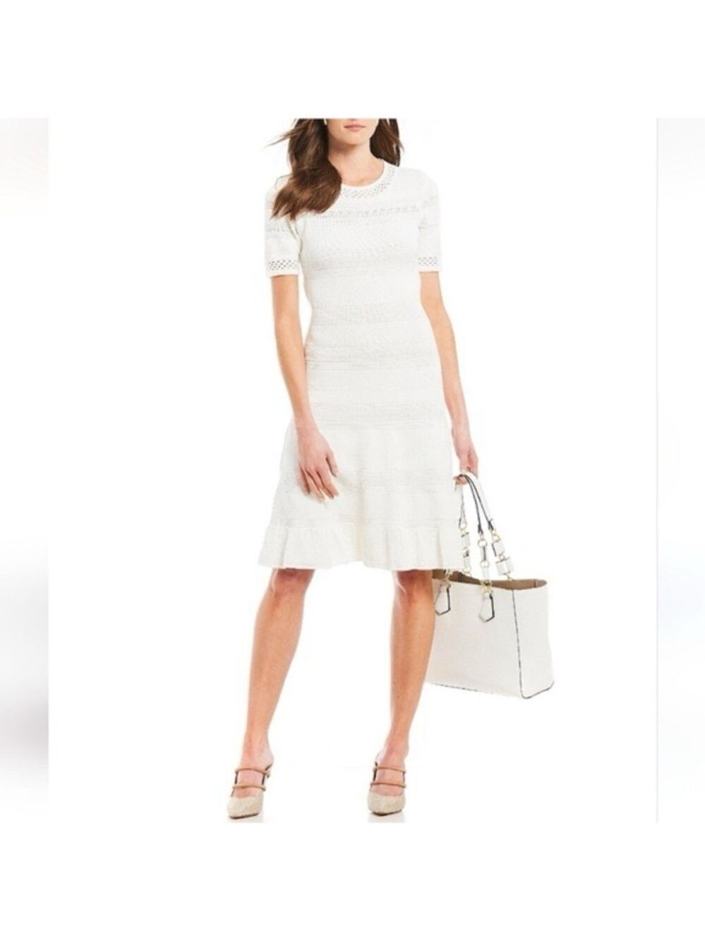 Eliza J Dress Women’s Size Medium Cream Pointelle Ruffle hem Dress fit & flare - Picture 15 of 16